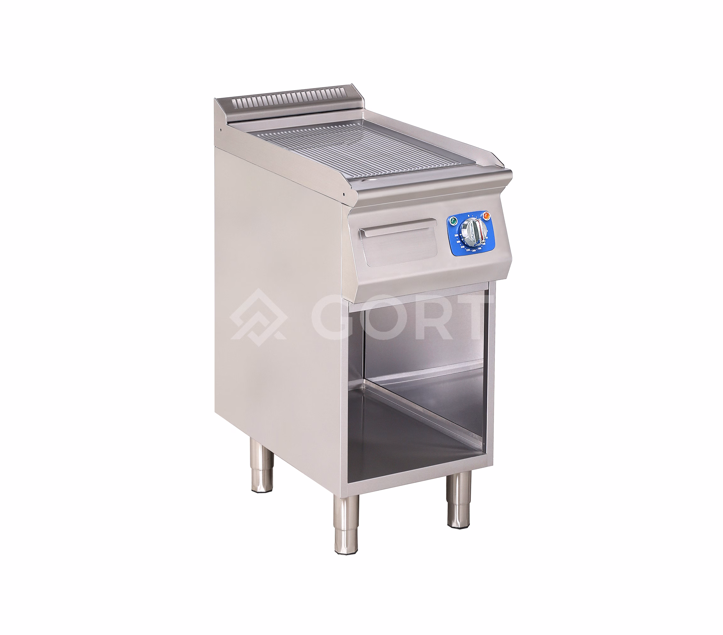 Elektrische Chrom- Grillplatte auf offenem Unterbau – geriffelt