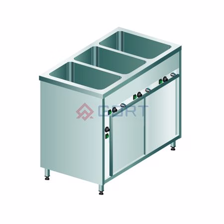 Freistehendes Bain-Marie mit 3 Fächern und Warmhalte-Schrank