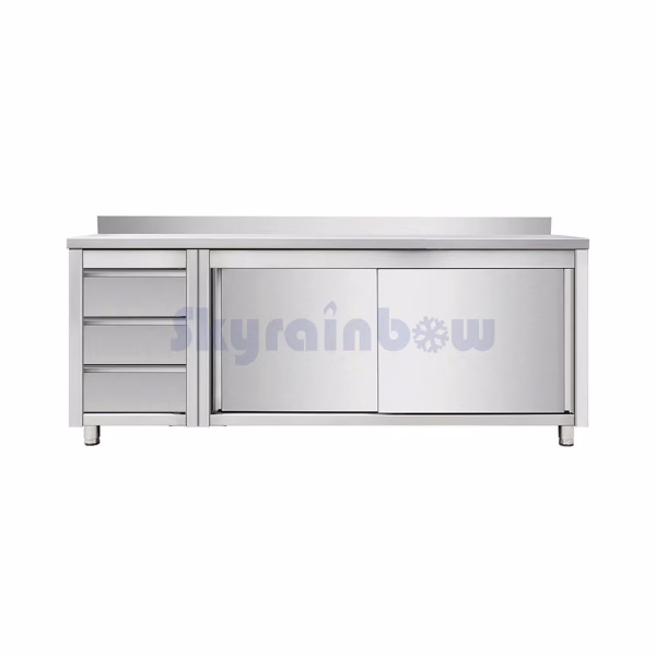 Arbeitsschrank mit Schiebetüren und Schubladenblock links, mit Aufkantung, 2000 x 700