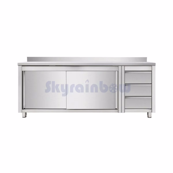 Arbeitsschrank mit Schiebetüren und Schubladenblock rechts, mit Aufkantung, 2000 x 700