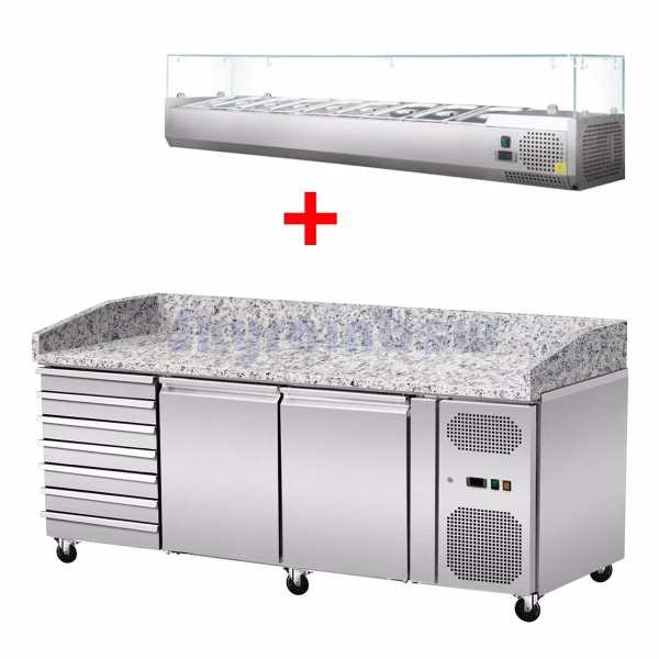 Pizza Kühltisch, Granit rosa-grau, 2 Türen 7 ungek. Schubladen, 203 x 80 Kühlaufsatz GN1/4 mit Glas