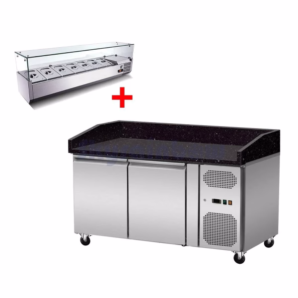 Pizza Kühltisch, Granit Star Galaxy schwarz, 2 Türen, 151 x 80 Kühlaufsatz GN1/3 mit Glas