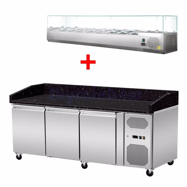 Pizza Kühltisch, Granit Star Galaxy schwarz, 3 Türen, 203 x 80 Kühlaufsatz GN1/3 mit Glas