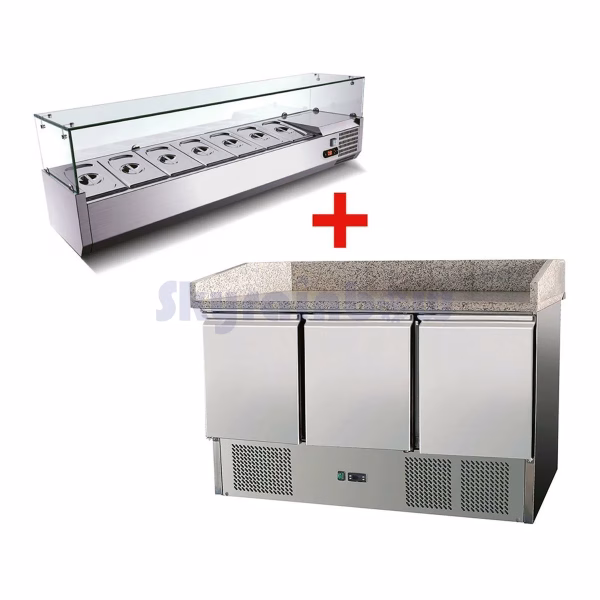 Pizzatisch 3 Türen, mit Unterbaukühlung, 140 x 70 Kühlaufsatz GN1/3 mit Glas