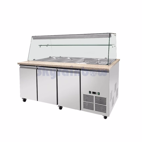 SNACK-Line, Kalte Theke, 5x GN1/1, Granit rosa-grau, 188x82x85.5 Glasaufbau Klarglas mit Zwischenablage, H=496mm
