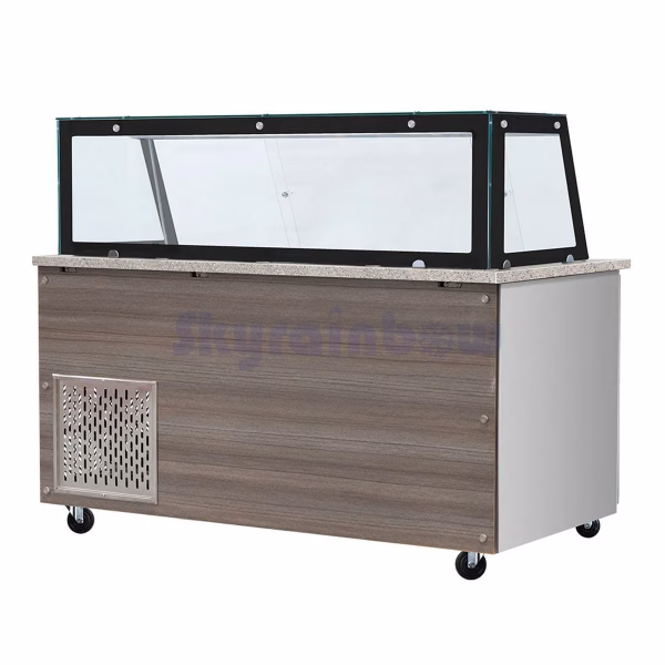 SNACK-Line, Kalte Theke, 5x GN1/1, Granit rosa-grau, 188x82x85.5 Glasaufbau Klarglas schwarzer Rand, ohne Zwischenablage H=396mm