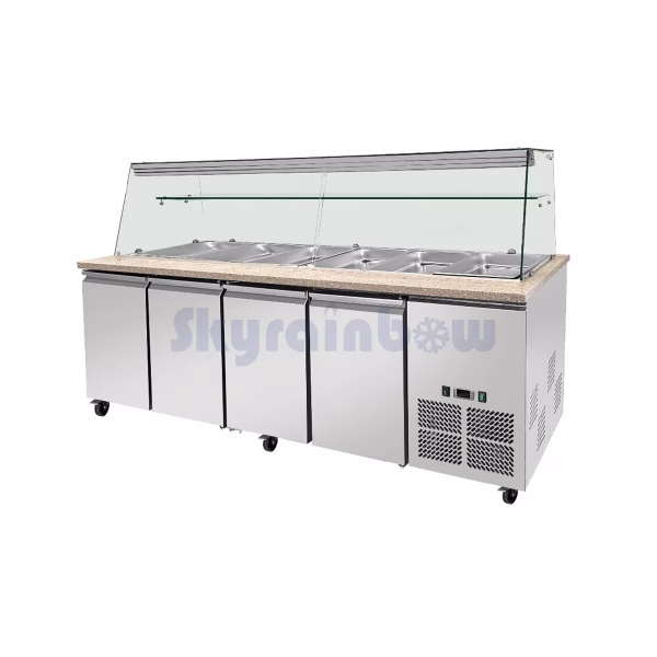 SNACK-Line, Kalte Theke, 6x GN1/1, Granit rosa-grau, 223x82x85.5 Glasaufbau Klarglas mit Zwischenablage, H=496mm